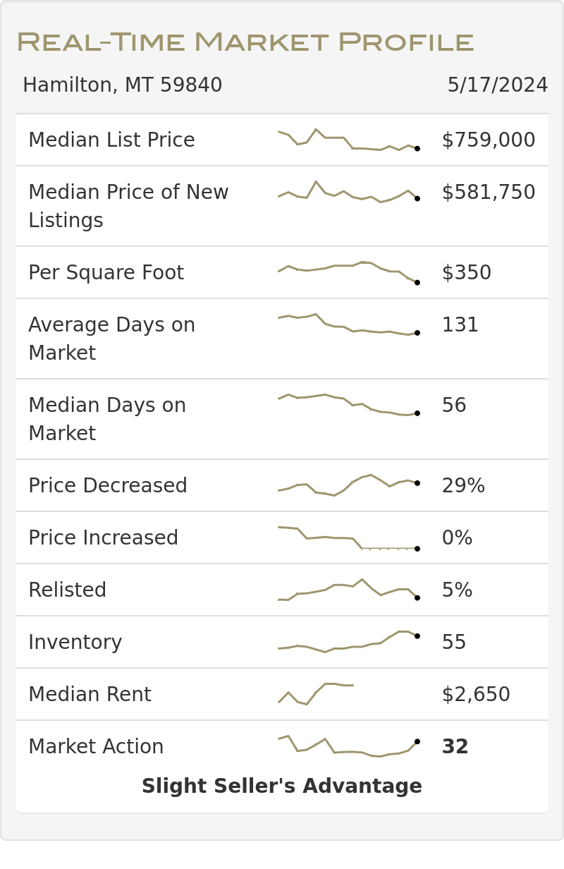 real time market profile infographic for hamilton, mt real estate